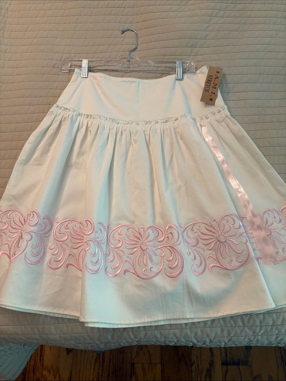 Ami White Circle Skirt with Pink Embroidered Border